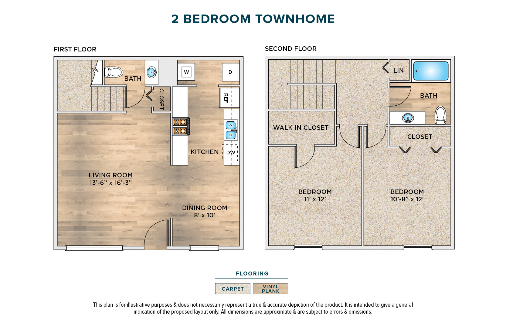 Floor plan for 2 beds, 1.5 baths, 990 sqft